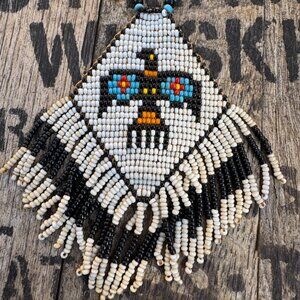 Native-Inspired Hand Beaded Diamond Necklace • Thunderbird Design • Black & Whit